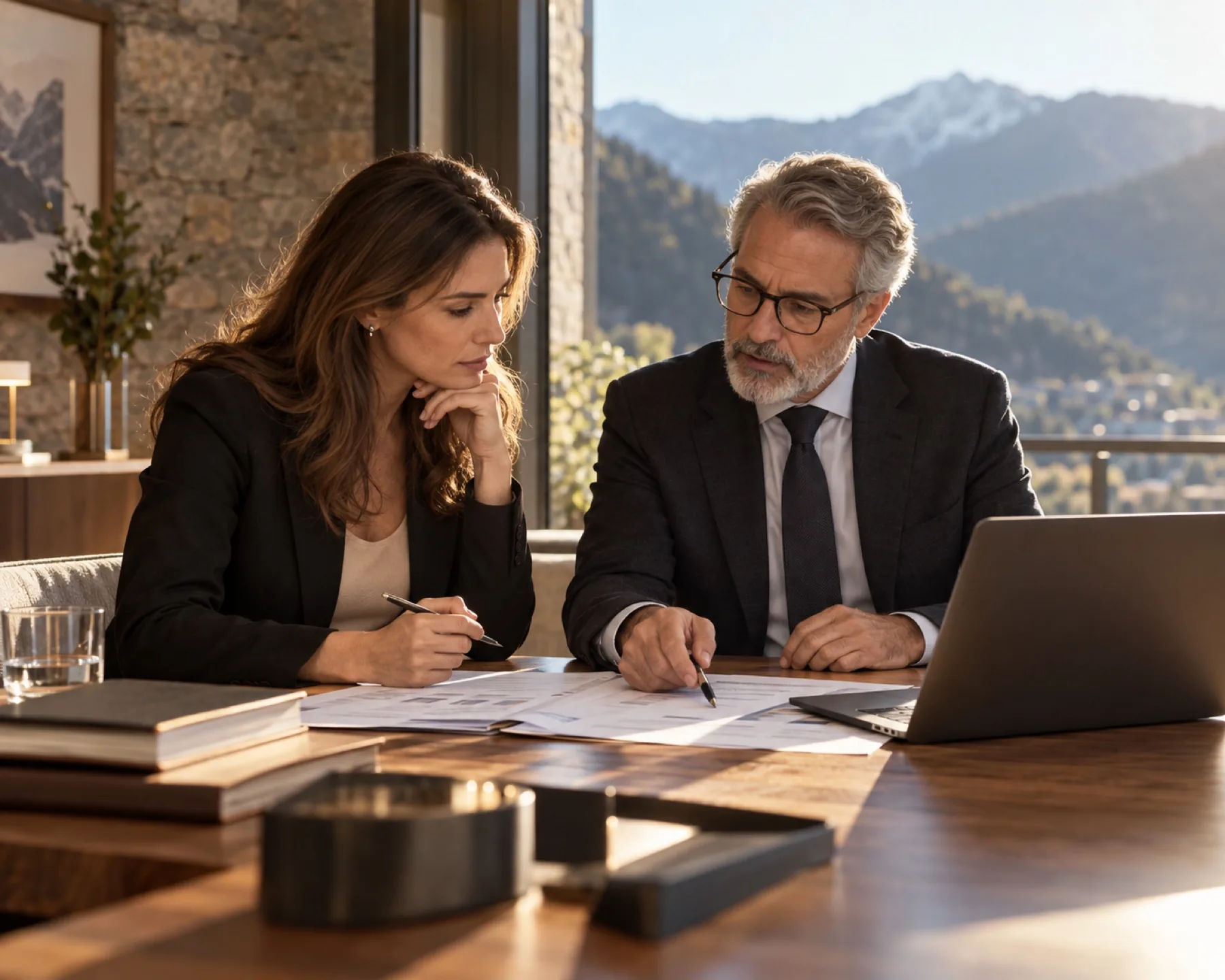 Une entrepreneuse étudie son projet fiscal avec un conseiller en Andorre