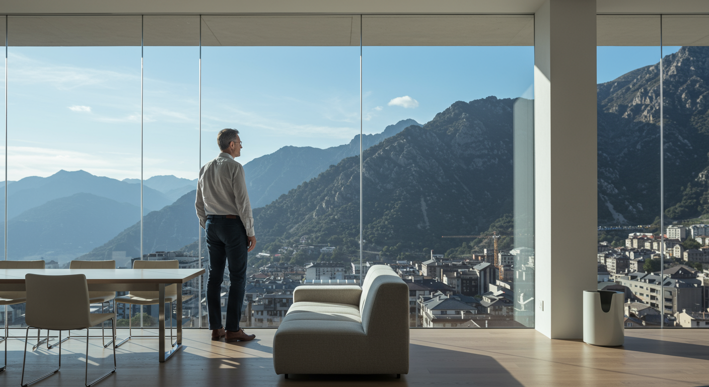Entrepreneur serein contemplant les montagnes d'Andorre depuis son bureau moderne.